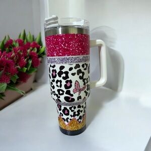 Leopard Print Glitter Tumbler with Butterfly